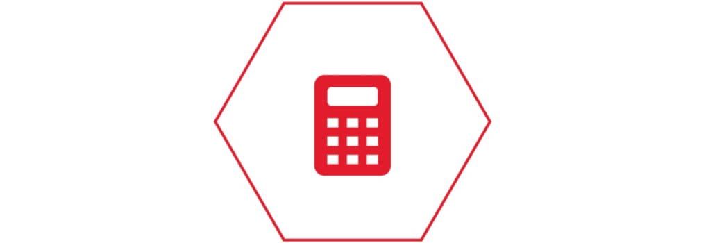 Sechseck mit rotem Rand, im inneren des Sechsecks ein Taschenrechnersymbol in rot