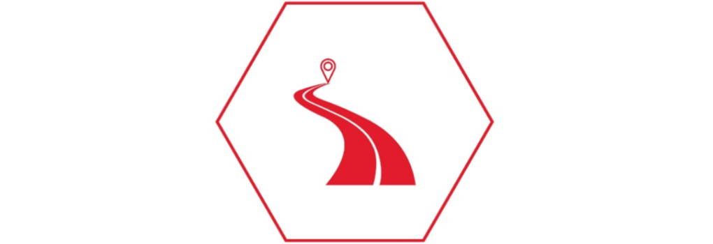Sechseck mit rotem Rand, im inneren des Sechsecks eine grafische Darstellung einer Straße in rot